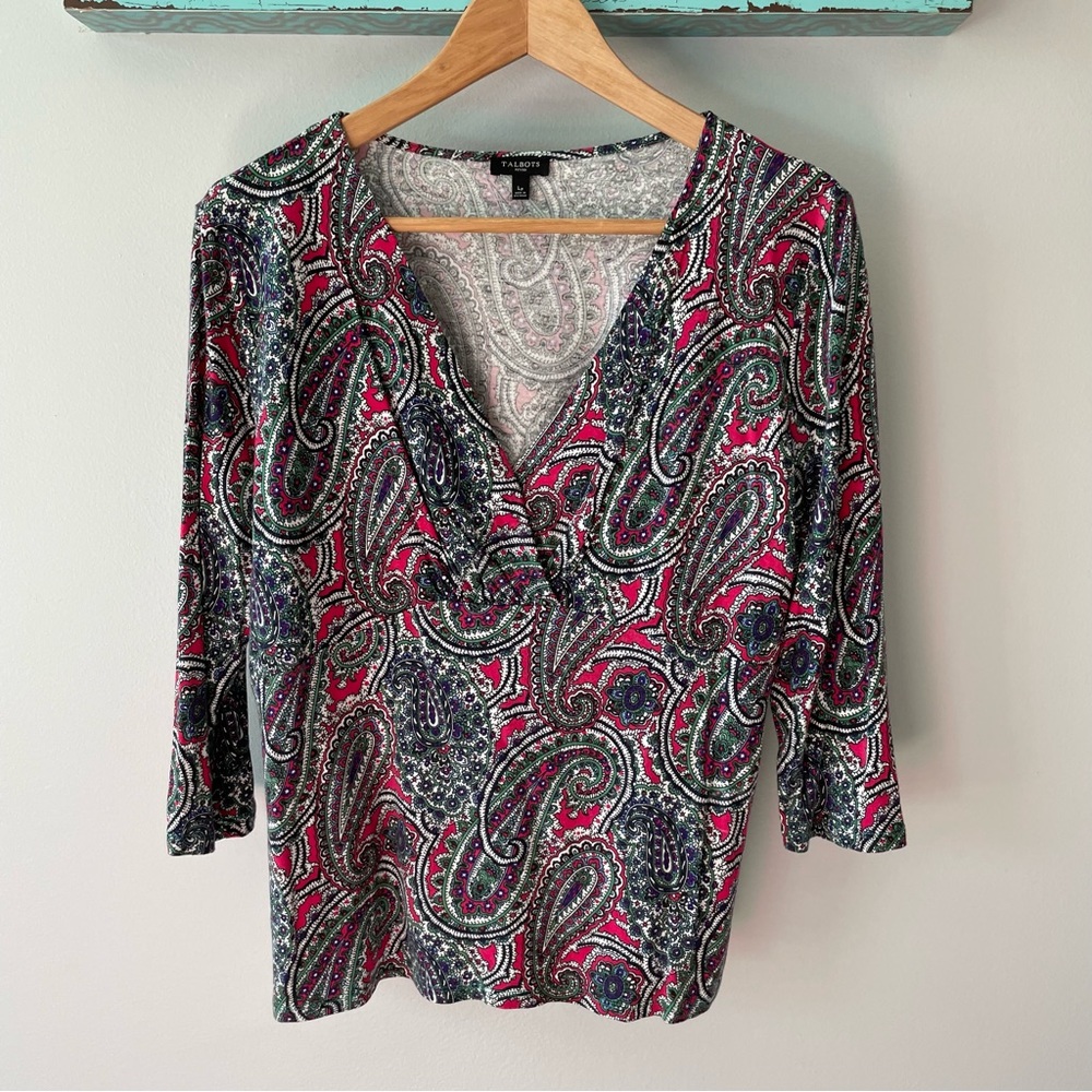 TALBOTS Fabulous 3/4 Length Sleeves Paisley V-necked Top, Lp, GUC